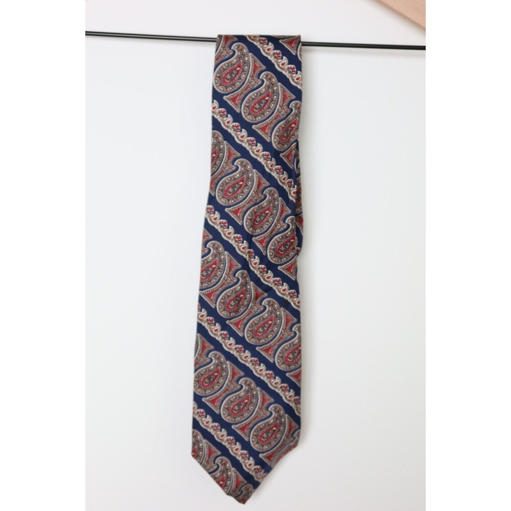 Vintage Christian Dior Silk Paisley Print Navy Blue Red Tie